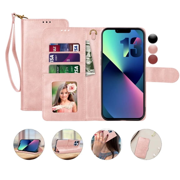 Wallet Phone Cases for iPhone 13 Pro / 13 Mini / 13 Pro Max, Njjex PU Leather [Wrist Straps] [RFID Blocking 3 Card Slots 3] Flip Folio Wallet Case Cover -Rose Gold