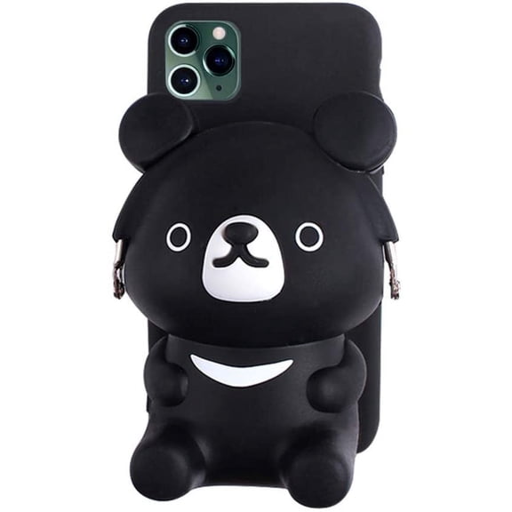 Wallet Phone Cases for iPhone 13 Pro Max 3D Cartoon Pocket Case, Black Cute Bear Purse Stand Holder, Squishy Soft Silicone Protective Phone Case for Girls Women (iPhone 13 Pro Max)
