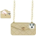 thumbnail image 1 of Wallet Phone Cases for iPhone 15, Purse Flip Card Holder Soft Silicone Case Cover with Handstrap & Long Pearl Crossbody Chain Apply to iPhone 15 (Khaki), 1 of 16