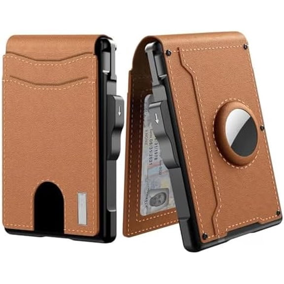 Wallet - With Pop up Aluminum Case Money Clip Slim Leather Slots Credit Card Holder Rfid Blocking Bifold Minimalist Wallets, Trackable Wallets for Men (Brown) P