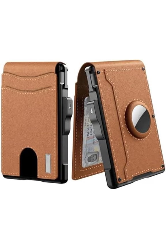 Wallet - With Pop up Aluminum Case Money Clip Slim Leather Slots Credit Card Holder Rfid Blocking Bifold Minimalist Wallets, Trackable Wallets for Men (Brown) P