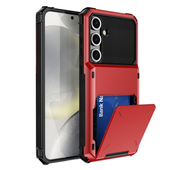 Wallet Rugged Case for Samsung Galaxy S25 Plus Phone, Card Holder Slot Heavy Duty Military Grade Shock Absorption Drop Proof Phone Cover for Samsung Galaxy S25 Plus, Red