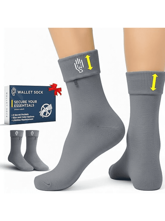 Wallet Socks - Anti Pickpockets Crew Socks w/Genius Hidden Zipper Pockets for Travel, Running Sizes 7-9