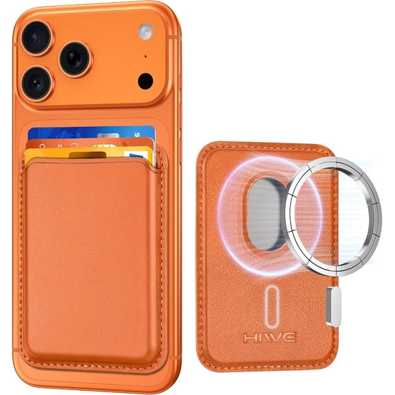 for Wallet, Strongest Magnetic Wallet iPhone 17/16/15/14/13/12/Pixel 10 Series, 3 Cards Holder, Phone Wallets, Vegan Leather Minimalist Slim RFID 1Slot, Orange