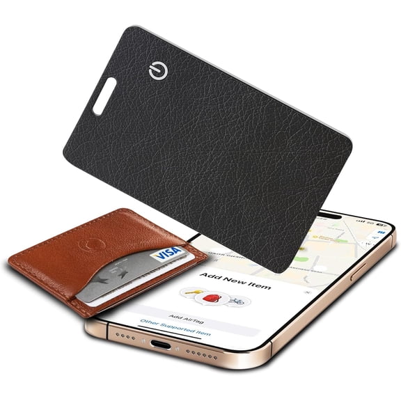 Wallet Tracker Card, Slim Rechargeable Bluetooth Item Locator, Smart Finder Compatible with Apple Find My for Wallet, Luggage, Passport, IP68 Waterproof (iOS Only) (Leather Texture Black)