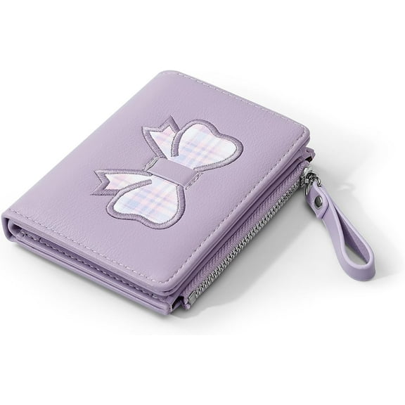 Wallet Women, Coquette Bow Cute Wallets, Small Compact Aesthetic Bifold Zipper Pocket Card Case Purse Holder with ID Window for Ladies (Purple)