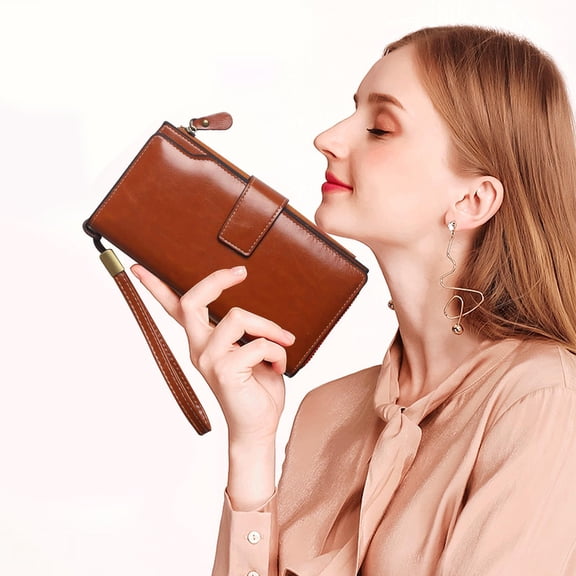 Wallet Women, Credit Card Holder for Women, Wallets Women Large Capacity Phone Travel Cluth with Detachable Wristband Strap, 1 ID Windows, 20 Card Slots, Zip Snap Pockets, Brown