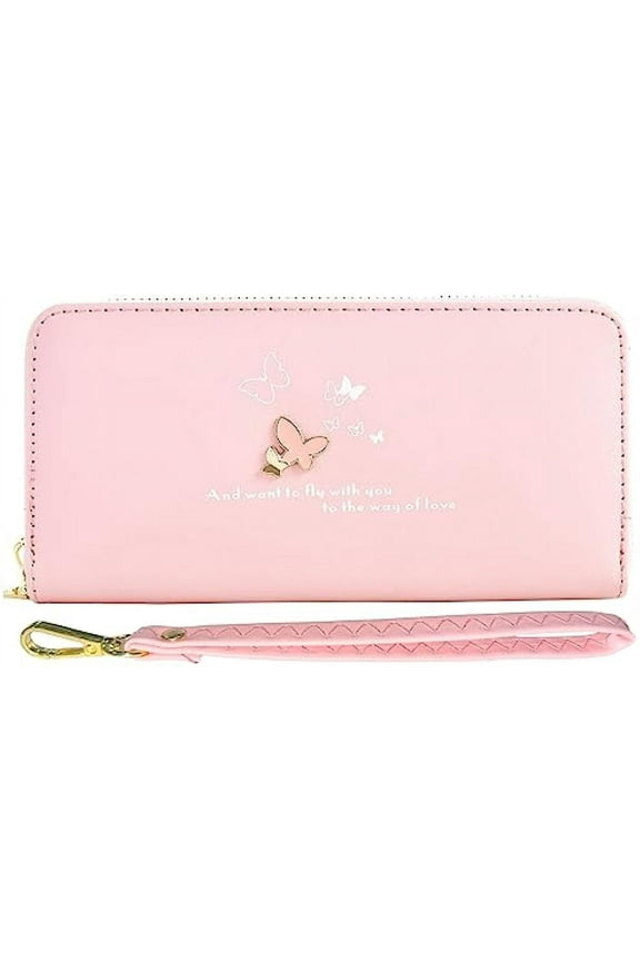 Wallet Women Cute Pink Girls Wristlet Wallets for Women Ladies Cash Stuffing Purses Clutch Leather Cell Phone Large Capacity Zipper Butterfly Long Wallet with Coin Pocket