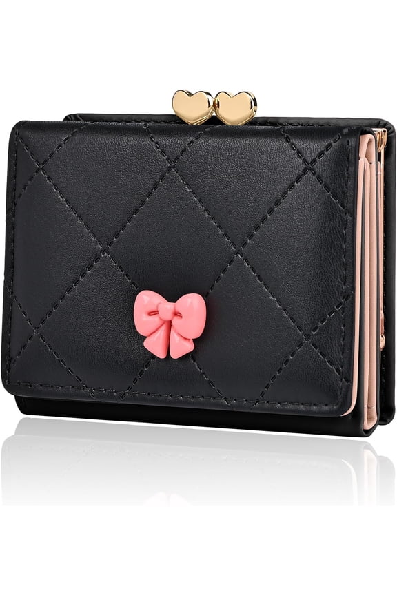 Wallet Women, Cute Small Coquette Bow Trifold Wallets Woman, Heart Shape Kiss-lock Business Credit Card Coin Holder Purse Pocket for Cash Key Change (White)