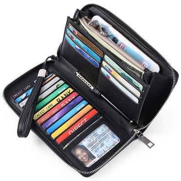 Wallet Women Men, Large Capacity Credit Card Holder Leather Wallets with RFID Blocking & Zip, Black