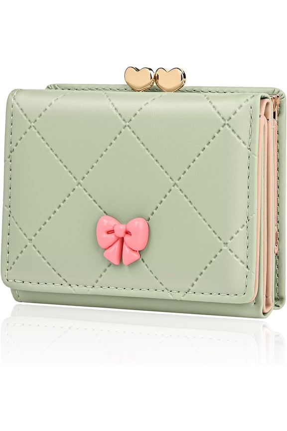 Wallet Women, Pink Small Coquette Bow Trifold Wallets Woman, Heart Shaped Kiss-lock Business Credit Card Coin Holder Purse Pocket for Cash Key Change (Pink)