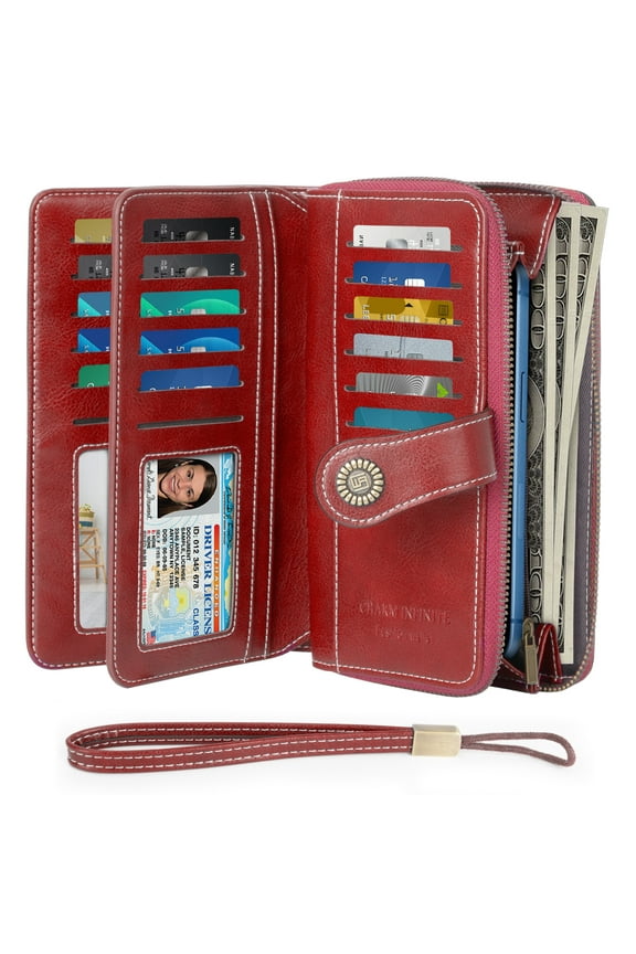 Wallet for Women, RFID Blocking Wallet for Women, Large Capacity with 23 Credit Card Holder, 2 ID Windows & Phone Pocket, Secure Travel Organizer, Red