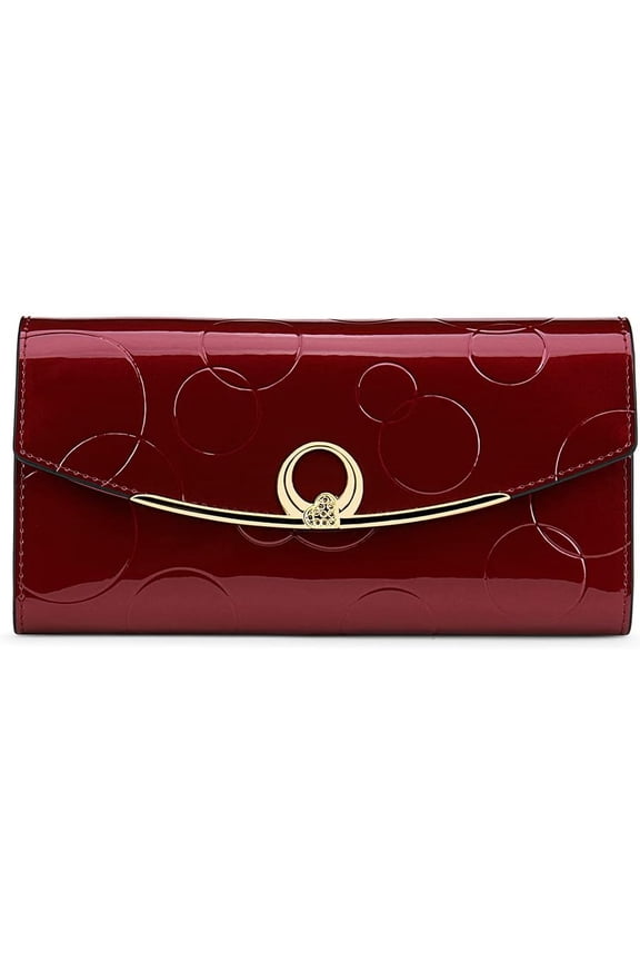 Wallet Women's Genuine Leather Long Three Fold Wallet Bright Leather Large Capacity Buckle, Circled Embossed Pattern, RFID and Magnetic Anti Theft