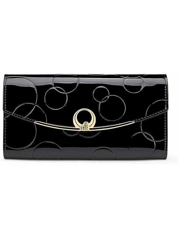 Wallet Women's Genuine Leather Long Three Fold Wallet Bright Leather Large Capacity Buckle, Circled Embossed Pattern, RFID and Magnetic Anti Theft