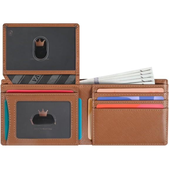 Wallet for Men, Mens Minimalist Wallet Credit Card Holder, Slim Leather Rfid 2 ID Window Large Capacity With  Box (Cross Grain Brown)