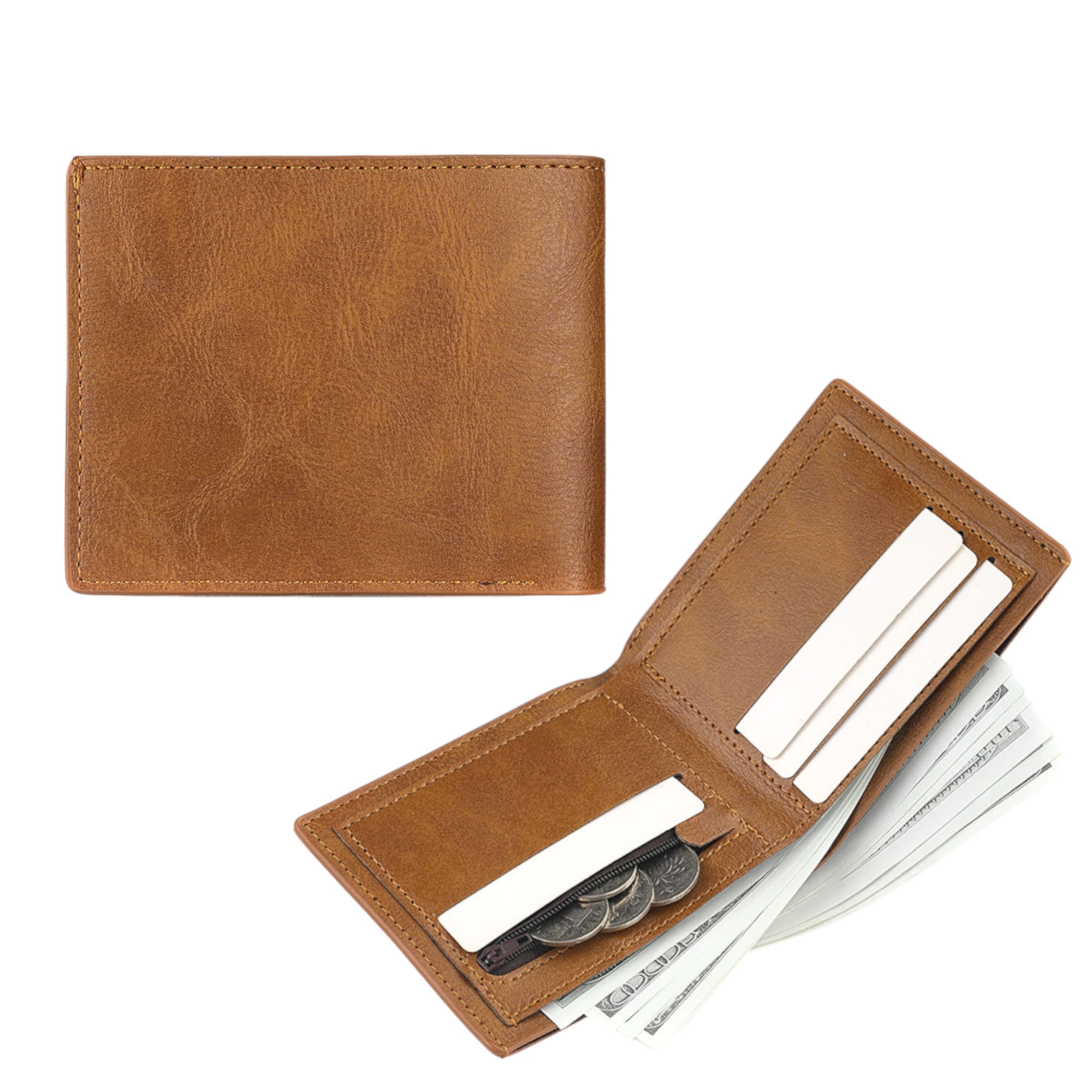Wallet for Men, PU Leather Bifold Wallet With 4 Card Slots, 1 zipper pocket  & 3 Receipt Slots , Light Brown - Walmart.com