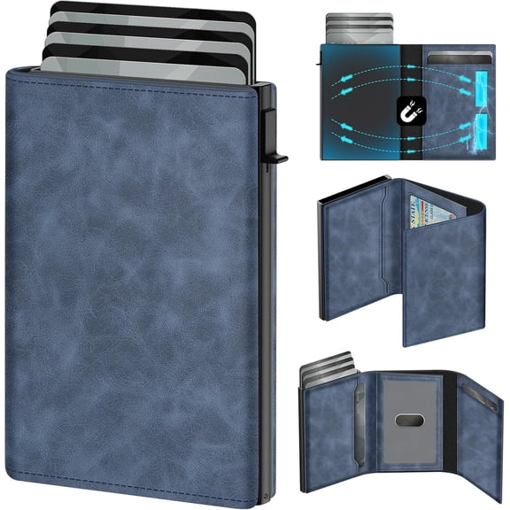 Wallet for Men Pop up Card Holder, , Slim, Minimalist Design for Front Pocket,  RFID Blocking, 10-14 Card Capacity | ID Window |  Slot(Gradient Blue)