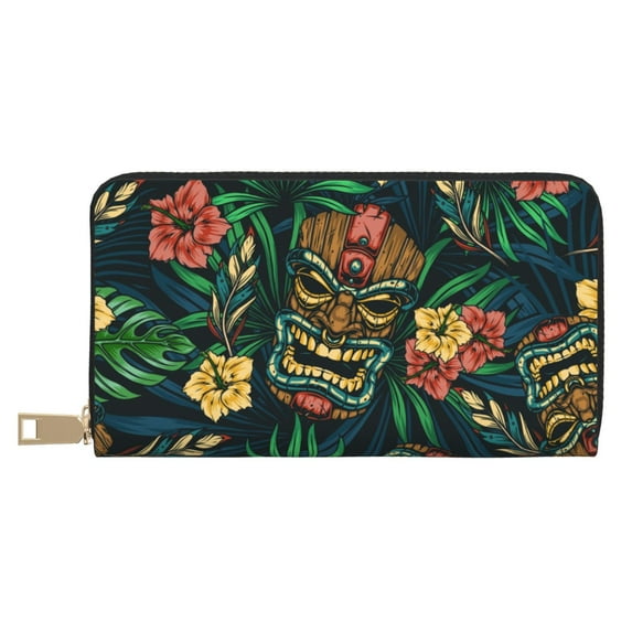 Wallet for Men Women - Tropical Tribe Mask Long Slim Card Holder Large Capacity Zip Coin Purse Travel Minimalist Wallet Women and Men