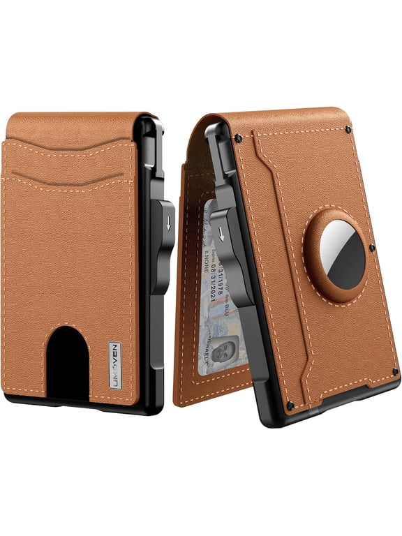 Men's Bifold Minimalist Wallet with RFID Blocking, Aluminum Pop-Up Case, Money Clip, and Leather Card Slots (Coffee Brown)