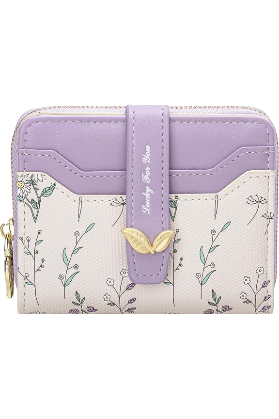 Wallet for Women Cute Floral Flower Wallet RFID Credit Card Holder Purse Small Bifold Zipper Coin Pocket Purse with ID Windows (Lavender)
