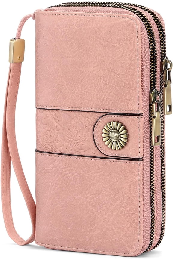 Wallet for Women Leather Double Zipper RFID Blocking Card Holder, Large Capacity Clutch Wallet with Wristlet