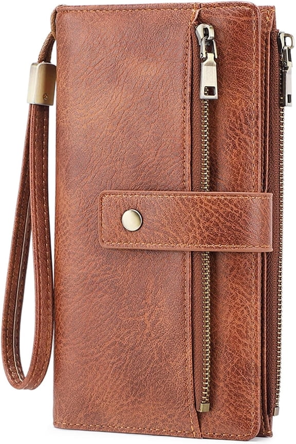 Wallet for Women RFID Blocking Card Holder Large Capacity Trifold Leather Wristlet Wallets Brown
