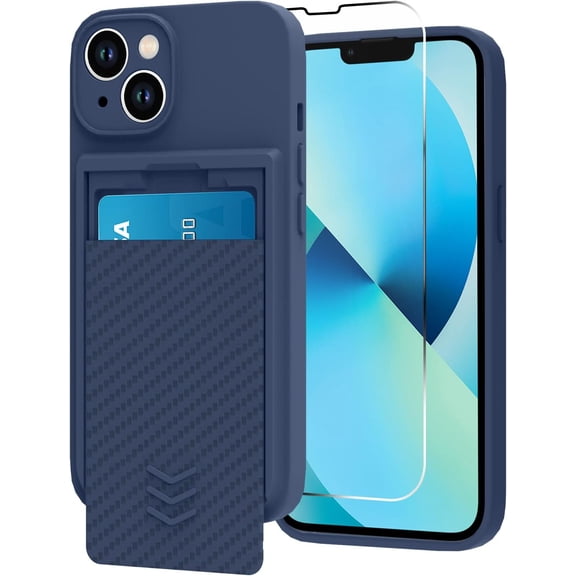 Wallet for iPhone 13 Case, Hide Push-Pull Card Holder Camera Protection Luxury Cover + Screen Protector, Card Slot Case Elegant iPhone 13 Phone Case -Blue