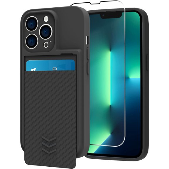 Wallet for iPhone 13 Pro Max Case, Hide Push-Pull Card Holder Camera Protection Luxury Cover + Screen Protector, Card Slot Case Elegant iPhone 13 Pro Max Phone Case -Black