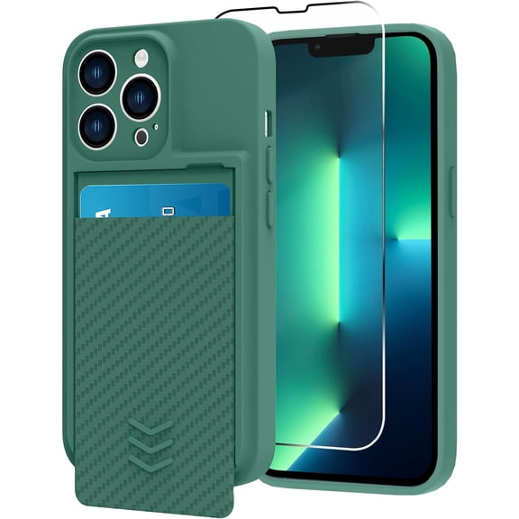 Wallet for iPhone 13 Pro Max Case, Hide Push-Pull Card Holder Camera Protection Luxury Cover + Screen Protector, Card Slot Case Elegant iPhone 13 Pro Max Phone Case -Green