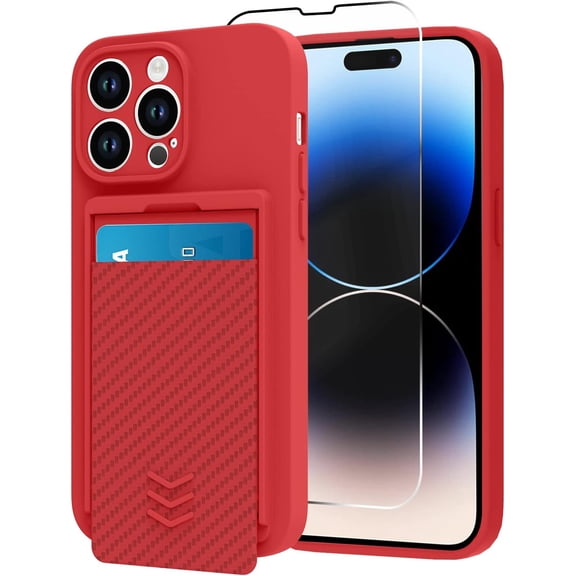 Wallet for iPhone 14 Pro Max Case, Hide Push-Pull Card Holder Camera Protection Luxury Cover + Screen Protector, Card Slot Case Elegant iPhone 14 Pro Max Phone Case -Red