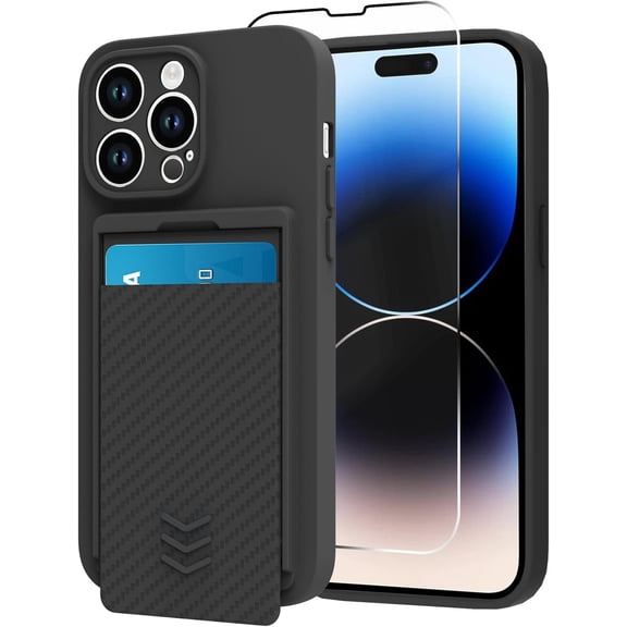 Wallet for iPhone 14 Pro Max Case, Hide Push-Pull Card Holder Camera Protection Luxury Cover + Screen Protector, Card Slot Case Elegant iPhone 14 Pro Max Phone Case -Black