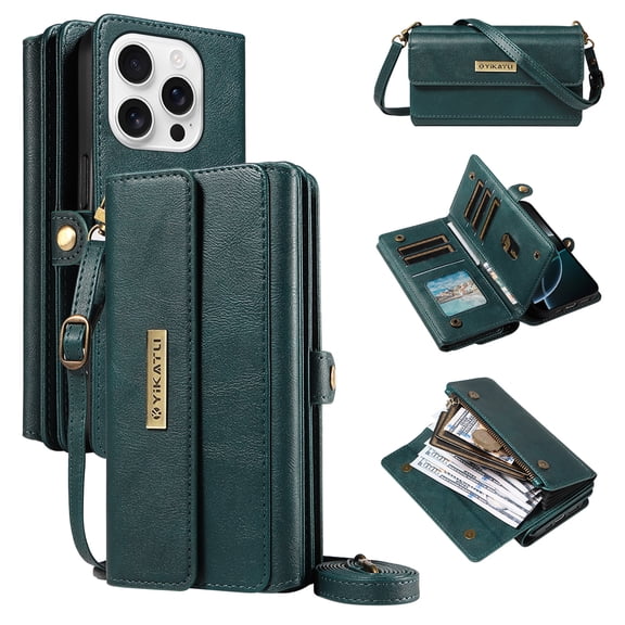 Wallet For iPhone 16 Pro Case with RFID Blocking [9 Card Holder] [3 Cash Slots] [1 Zipper Pocket] for Women Men,Magnetic Snap Closure PU Leather Flip Stand Crossbody Strap Case,Green