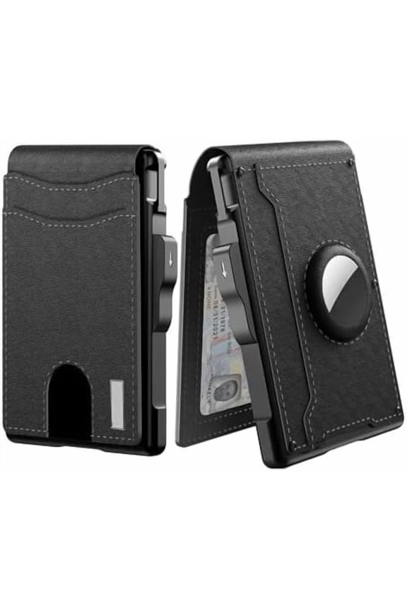 Wallet, men's ultra-thin wallet with pop-up card clip RFID barrier aluminum clip wallet, minimalist double fold leather wallet, compatible with credit card clip and tracker (black) T
