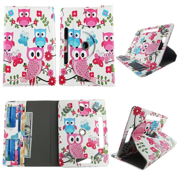 Wallet style folio for Dragon Touch tablet case 10 inch Slim fit standing protective rotating for 10" universal carrying cases 10.1 PU leather cash Pocket cover Blue Pink Owl Butterfly