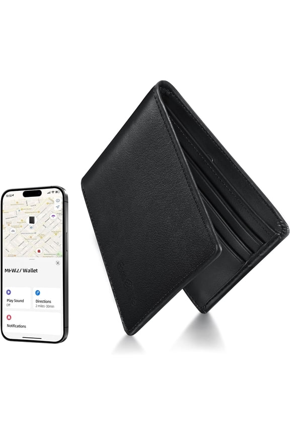 Wallet with for Men, Works with Find My APP (iOS Only), Air Tag Wallet, Mens Wallets with GPS ,Bifold Leather Blocking, , for Him, Black