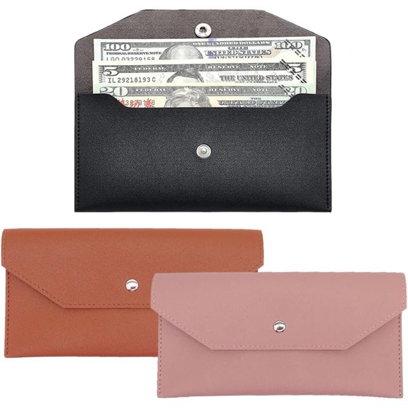 Wallets for Women, PU Leather Envelope Wallet with Metal Snap   Stuffing Wallet for Women/Men Students Office Supplies  Envelopes(Brown+Black+, 3 count)