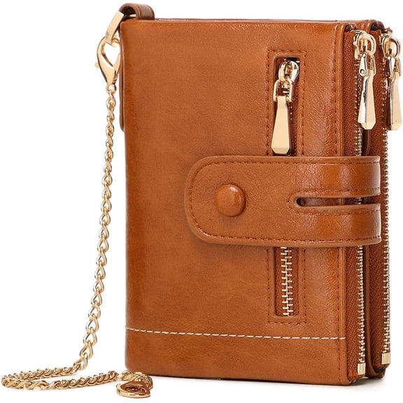 Wallets for Women Small Rfid Bifold Leather Ladies Wallet,Travel Billfolds Medium Size Card Holder with Removable Wristlet Chain,Multi-Card Slots,ID Window,Double Zipper Coin Pocket (Pink)