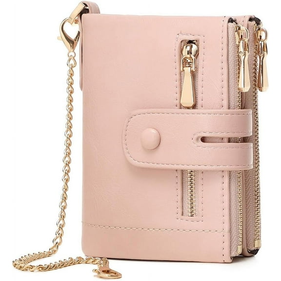Wallets for Women Small Rfid Bifold Leather Ladies Wallet,Travel Billfolds Medium Size Card Holder with Removable Wristlet Chain,Multi-Card Slots,ID Window,Double Zipper Coin Pocket (Pink)