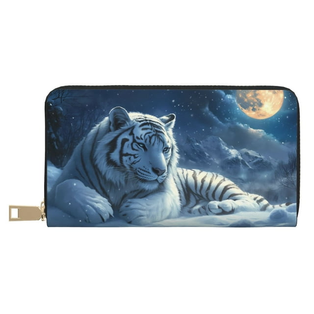 Wallets for Men With Money Clip, White Tiger Under Full Moon A Mens