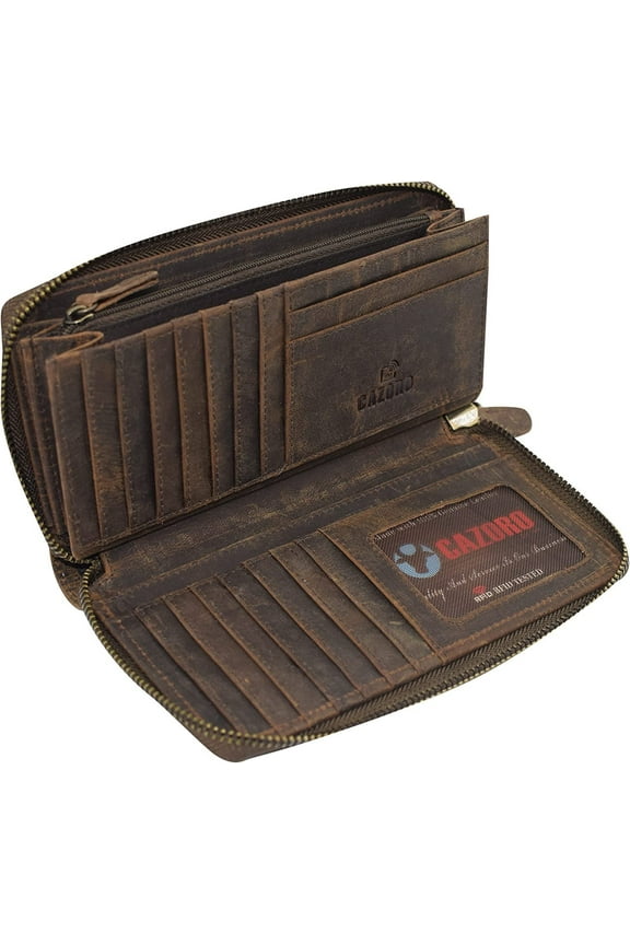 Wallets for Women RFID Blocking Vintage Leather Zip Around Credit Card Holder Phone Wristlet Clutch for Ladies Brown