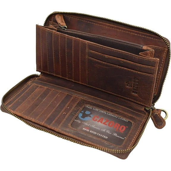 Wallets for Women RFID Blocking Vintage Leather Zip Around Credit Card Holder Phone Wristlet Clutch for Ladies Burgundy