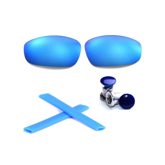 Walleva Ice Blue Polarized Lenses + Blue Earsocks + Navy Blue Bolts For Oakley Split Jacket OO9099 Sunglasses