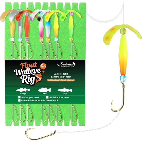 Walleye Spinner Rig Dual Gold Baitholder Hooks Fluorocarbon Crawler Harness 7PCS