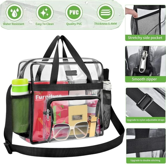 Wallfire 12" Clear PVC Messenger Bag Heavy Duty See Through Tote NFL AAF Stadium Approved Handbag Transparent Pouch Hand Bags Top Handle & Adjustable Shoulder Strap Black