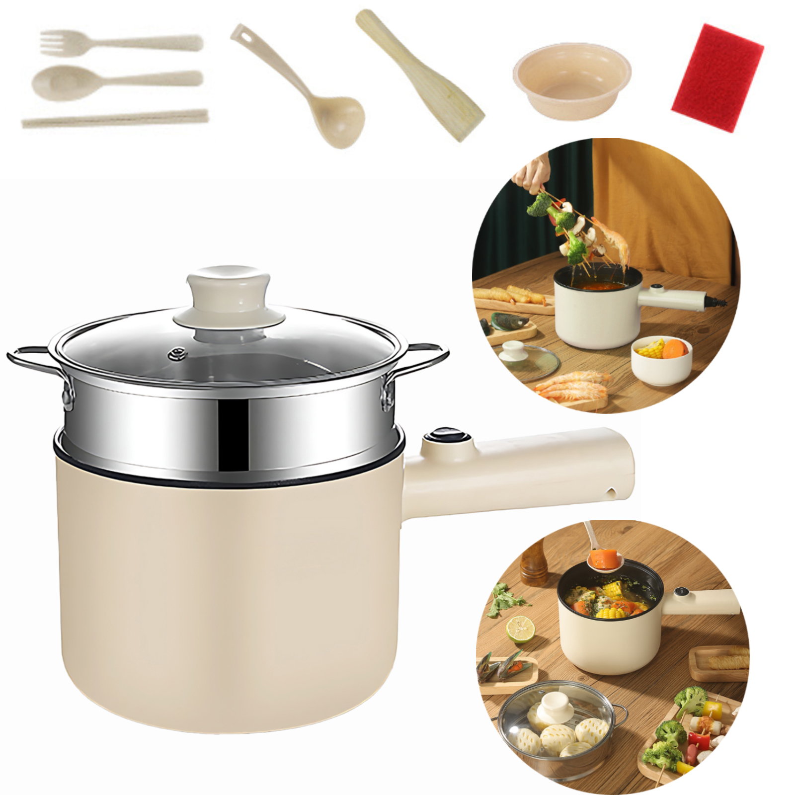 Wallfire Electric Hot Pot, Ramen Cooker, Dual Power Mini Portable Multi-Functional Lazy Pot for Pasta, Noodles, Egg, Soup, Non-Stick Noodle Cooker with Boil Dry Protection for Dorm, Office