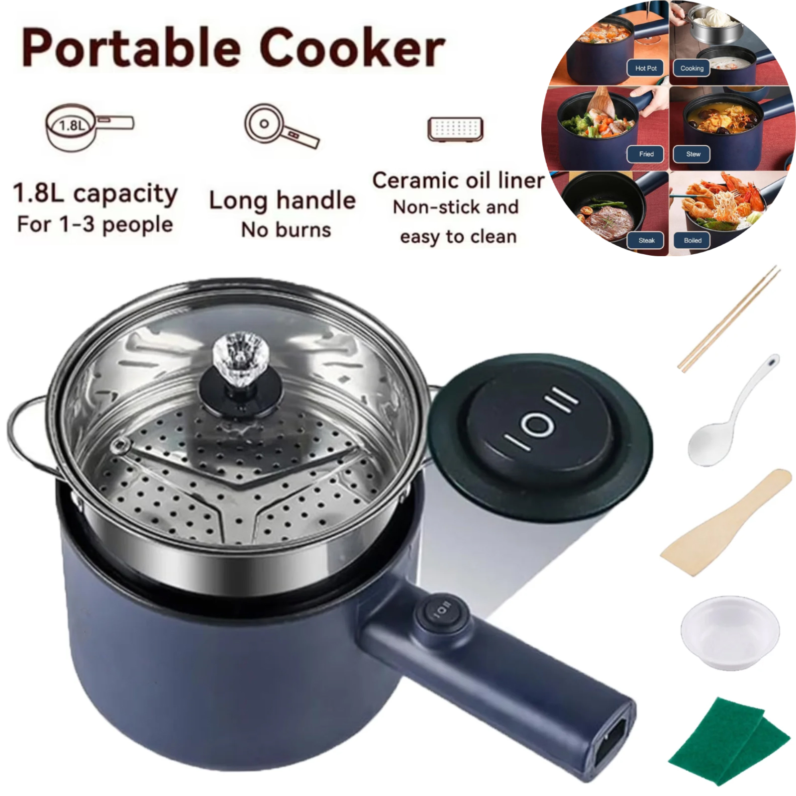 Wallfire  Electric Hot Pot with Steamer, 1.8L Non-Stick Multifunctional Cooking Hot Pot Noodles Cooker with Dual Power Control Suitable for Pasta, Dumplings, Soup,Steak ,Blue