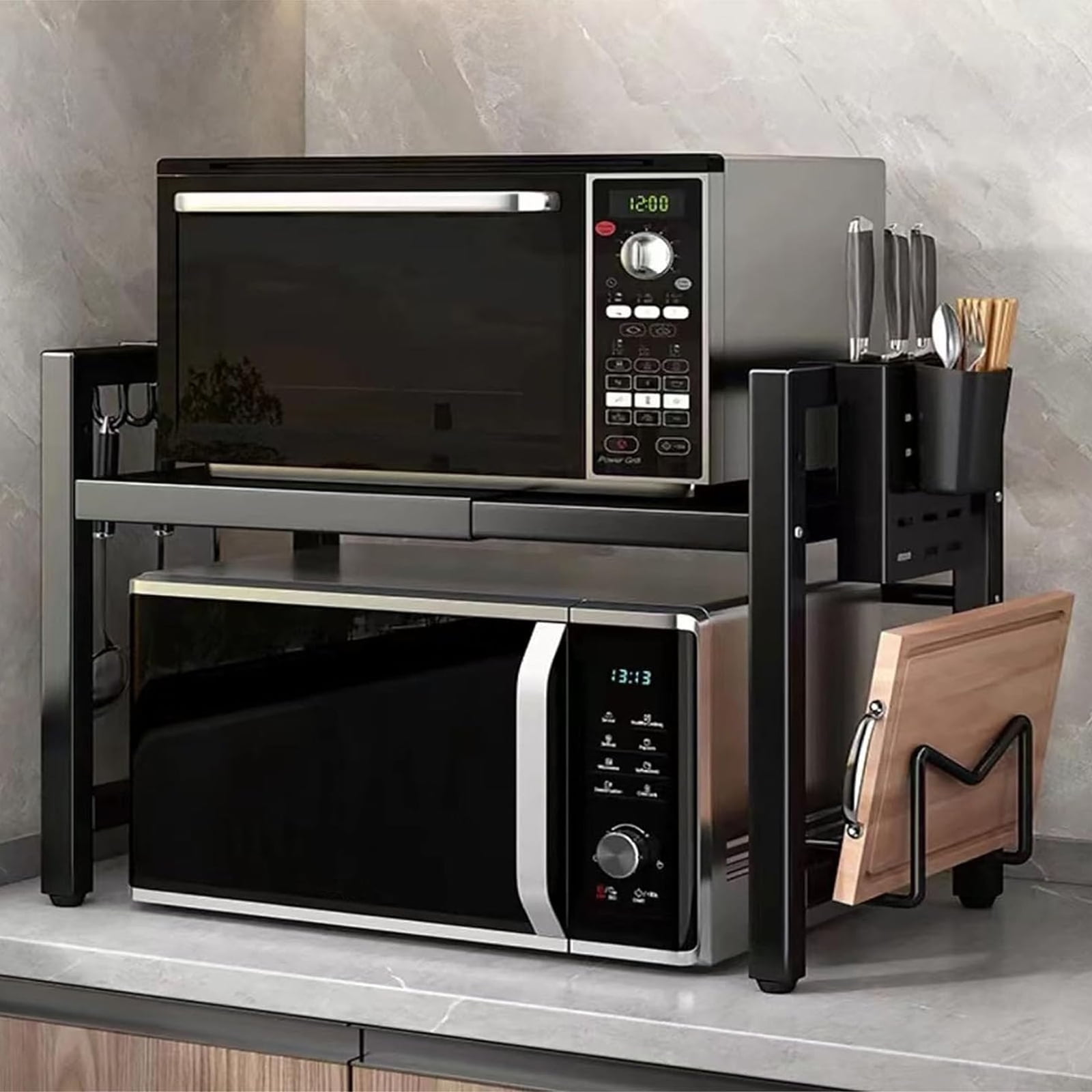 FAMKIT Microwave Oven Rack Expandable Microwave Stand Countertop Kitchen Utensils Tableware Storage Carbon Steel Over Microwave Shelf Countertop