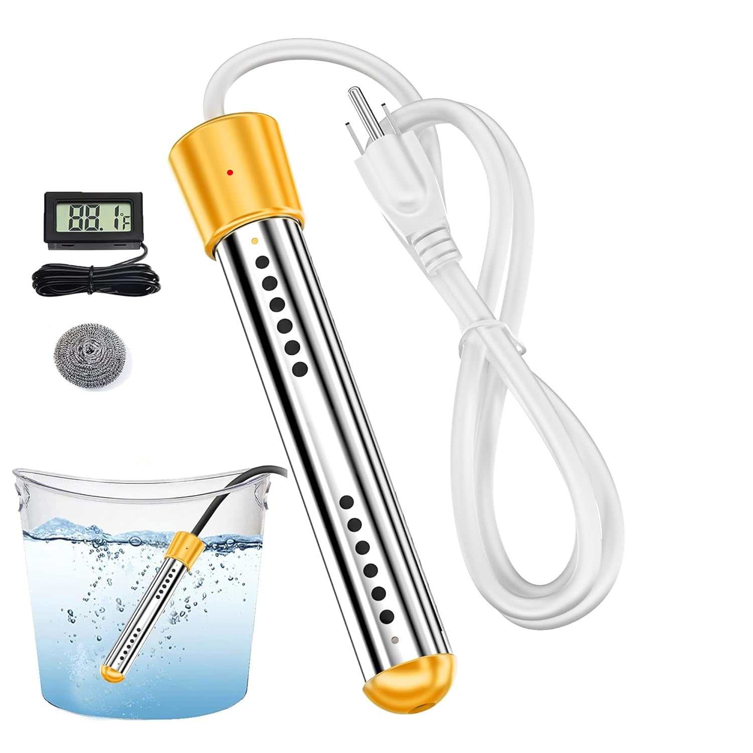 Wallfire Immersion Water Heater, Electric Submersible Water Trough Heater Anti-scalding Bucket Heater & Tub Hot Water Portable Heater with Digital LCD Thermometer,Auto Shut-Off,Yellow