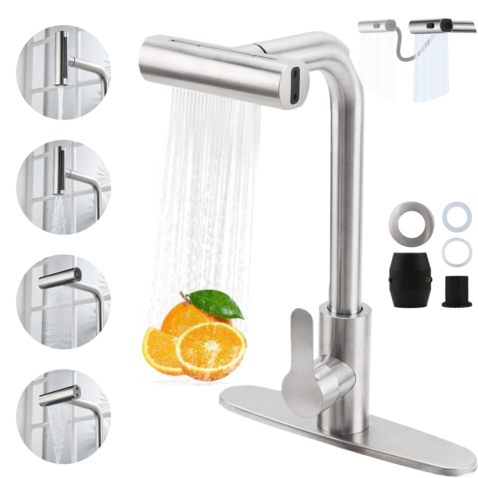 Wallfire Kitchen Sink Faucet,Chrome Kitchen Faucets with Pull Down Sprayer, Stainless Steel Kitchen Faucet 4 in 1 Function, Waterfall Modern Faucet for Kitchen Sink, Bar, Laundry, Rv