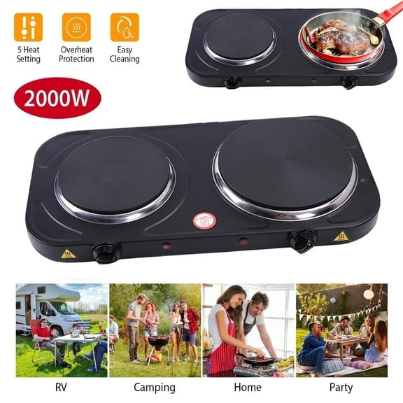 Wallfire Portable Electric Double Burner, 2000W Hot Plate Kitchen Cooktop Cooking Stove Frying Pan and Easy to Clean for Home,Camp or Dorm, Adjustable Temperature, Black